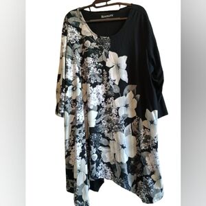 Roaman's Plus Size 18/20 Black Floral Asymmetrical Hem Dress 3/4‎ Sleeve...